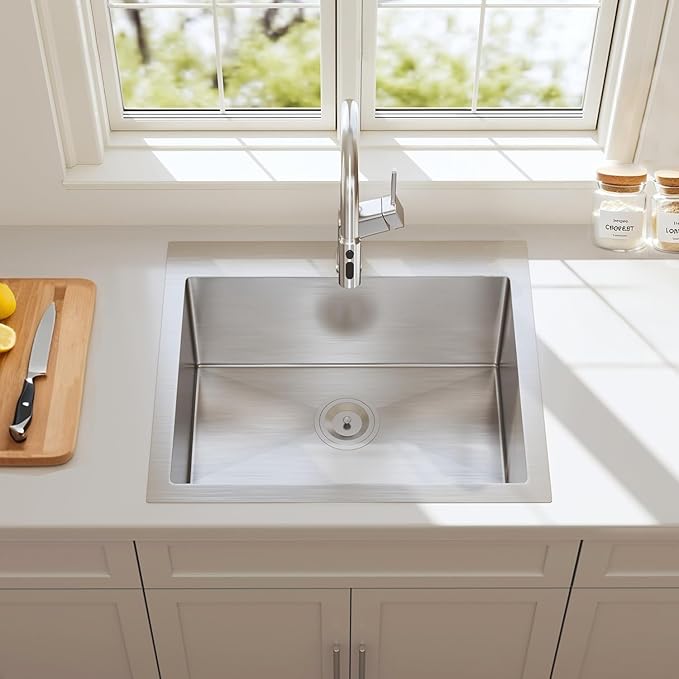 HOTIS 22x18 Inch Drop In Kitchen Sink, Stainless Steel Handmade Single Bowl Topmount Kitchen Sink, Brushed Nickel Prep Sink with Strainer