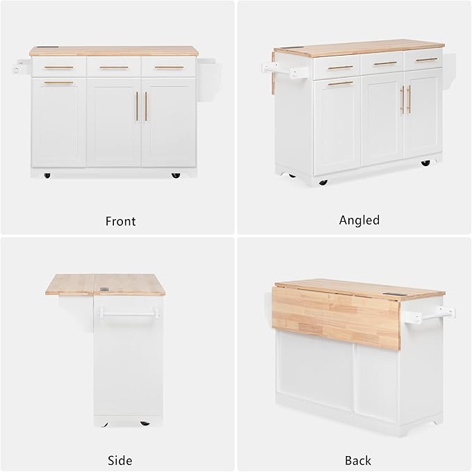 Merax 59.3" White Kitchen Island with Storage, 2 Pull Out Cabinet Organizers & Rubber Wood Drop Leaf, Rolling Island Table with Trash Can Storage, Power Outlet, Spice & Towel Rack for Kitchen Dining