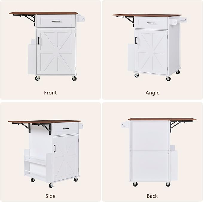 39.3" Farmhouse Kitchen Island with Drop Leaf and Open Side Rack, Small Kitchen Rolling Cart with Drawer and Storage Cabinet, Mobile Dining Table with Lockable Wheels and Towel Rack for Garden White
