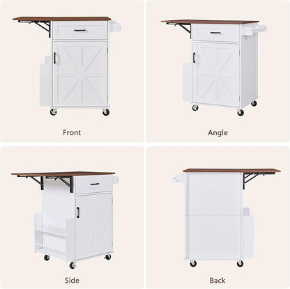 39.3" Farmhouse Kitchen Island with Drop Leaf and Open Side Rack, Small Kitchen Rolling Cart with Drawer and Storage Cabinet, Mobile Dining Table with Lockable Wheels and Towel Rack for Garden White