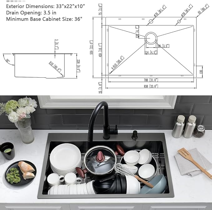 33 Black Kitchen Sink with Faucet Combo-VASOYO 33 x 22 Drop In Kitchen Sink Top Mount Black Stainless Steel Deep Single Bowl Over Mount Sinks with Faucet Combo Set