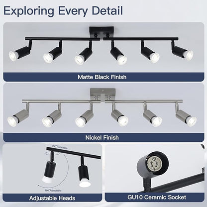 SEEBLEN 6-Light Kitchen Track Lighting, Black Adjustable GU10 Track Ceiling Light Kit, Industrial Flush Mount Ceiling Spotlight Fixture for Hallway, Dining Room