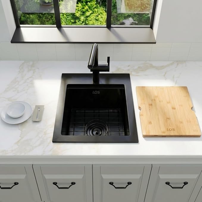 LQS Matte Black Stainless Steel Sink Drop In, 16” x 18” Black Small Laundry Sink, Prep Sink with Cutting Board Drop In, Black Kitchen Sinks with Workstation Ledge For RV, Outdoor and Prep Use