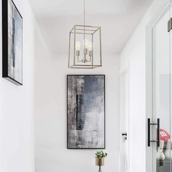 VINLUZ 3 Light Classic Indoor Chandelier Brushed Nickel Finish Foyer Lantern Pendant Lighting for Hallway Kitchen Dining Room