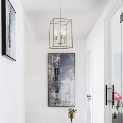 VINLUZ 3 Light Classic Indoor Chandelier Brushed Nickel Finish Foyer Lantern Pendant Lighting for Hallway Kitchen Dining Room