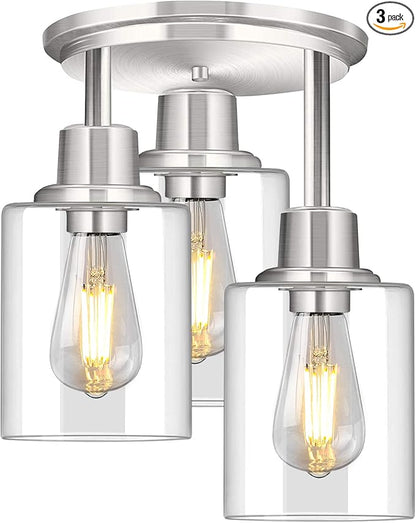ROTTOGOON Semi Flush Mount Ceiling Light, 3 Light Close to Ceiling Light Fixtures, Brushed Nickel Finish Kitchen Light Fixtures with Clear Glass Shades, Modern Hallway Light Fixtures Ceiling Mount