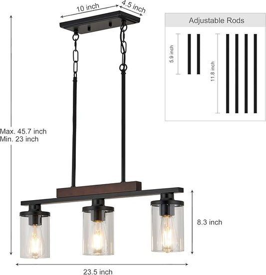 Kitchen Island Lighting,3-Lights Rectangle Farmhouse Dining Room Light Fixture Over Table,Wood Pendant Lights Kitchen Island,Black Wood Linear Chandelier Ceiling Hanging with Glass Shades