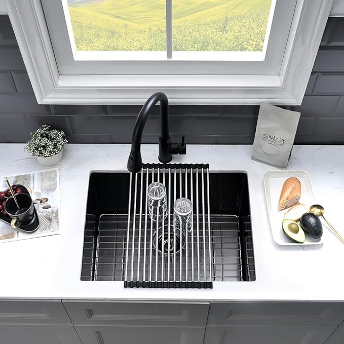 24 Inch Black Laundry Sink Undermount-VASOYO 24x19x13 Black Stainless Steel Laundry Utility Sink Undermount 16 Gauge Single Bowl Deep Kitchen Sinks Laundry Room Utility Sinks with Bottom Grid