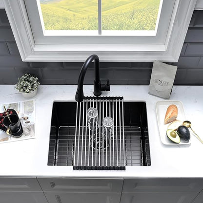 24 Inch Black Laundry Sink Undermount-VASOYO 24x19x13 Black Stainless Steel Laundry Utility Sink Undermount 16 Gauge Single Bowl Deep Kitchen Sinks Laundry Room Utility Sinks with Bottom Grid