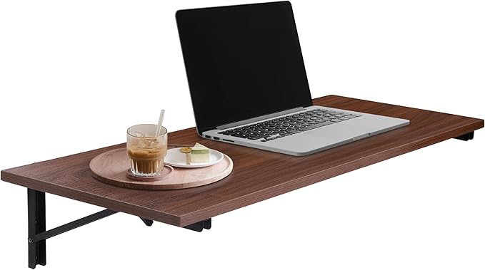 Ilyapa Wall Mounted Folding Table - 16x40 Wood Floating Desk for Wall, Laundry Folding Table - 1.5 inch Fold Down Wall Desk for Small Spaces - Mahogany
