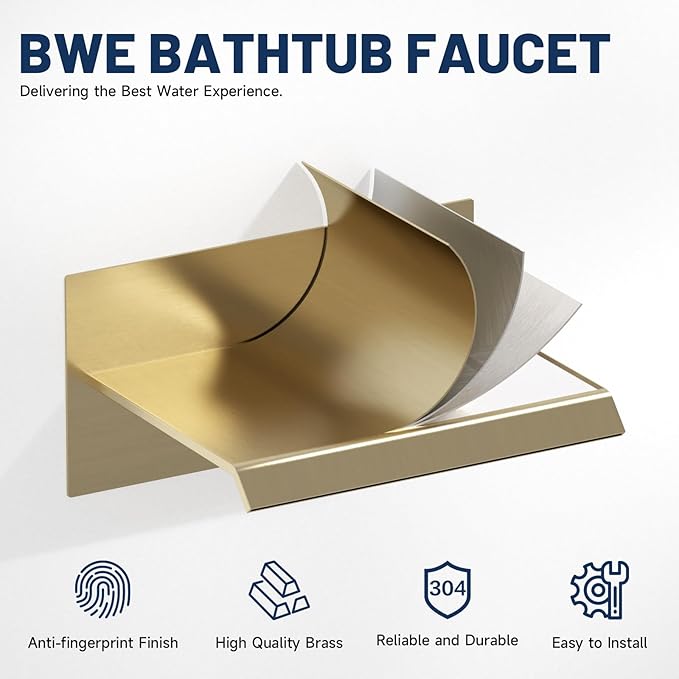 BWE Wall Mount Bathtub Faucet Brushed Gold Single Handle Modern Bathtub Faucet with Rough in Valve High Flow Filler Waterfall Tub Spout