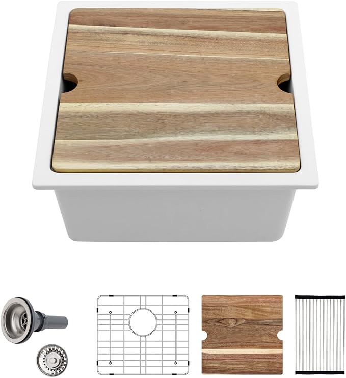 Sarlai 18 White Kitchen Sink Granite Composite - 18 x 18 inch Bar Prep Workstation Sink White Granite Composite Quartz Undermount Single Bowl Rectangular RV Camper Sinks Basin