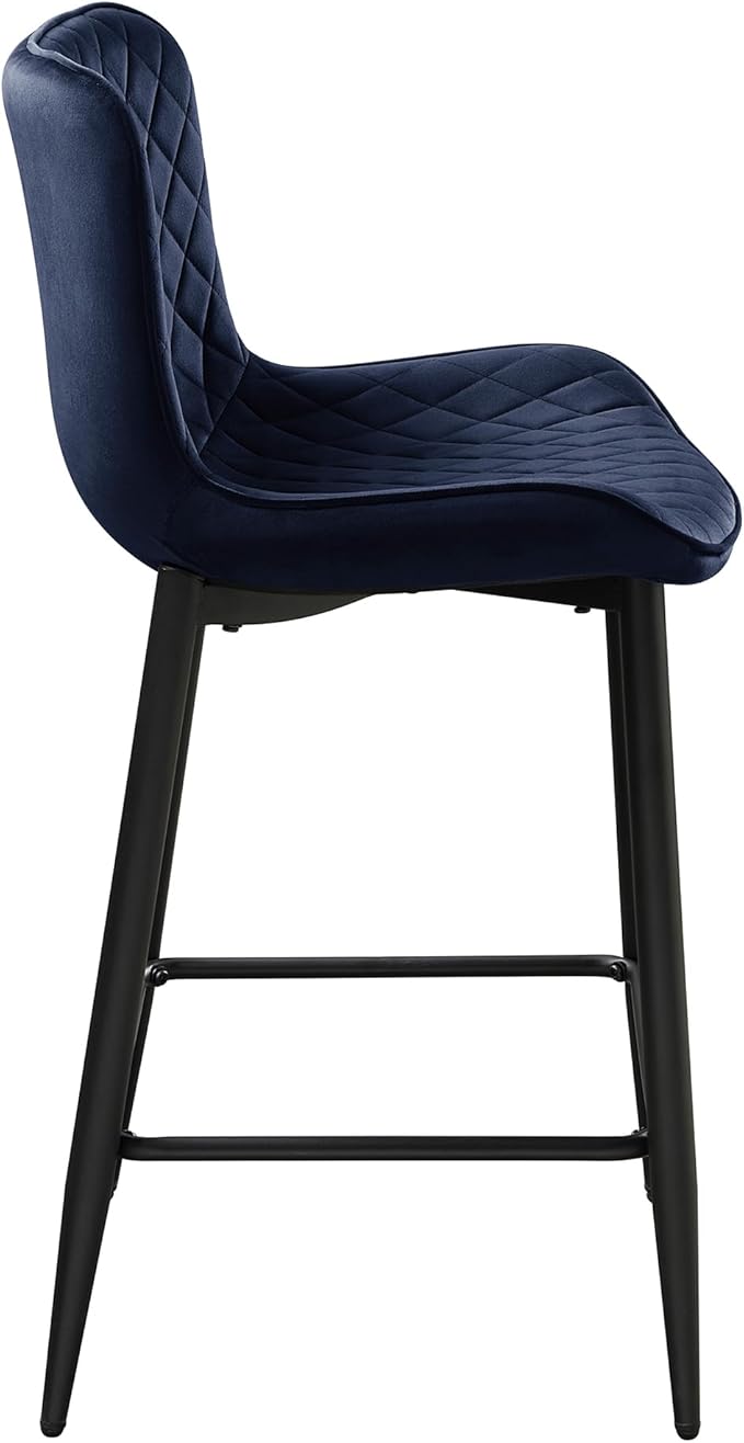 Lexicon Counter Stools Set of 2 - Counter Height Stools for Kitchen Table, Solid Padded Back, Black Metal Finish and Blue Velvet Cushion Seat, 24''SH