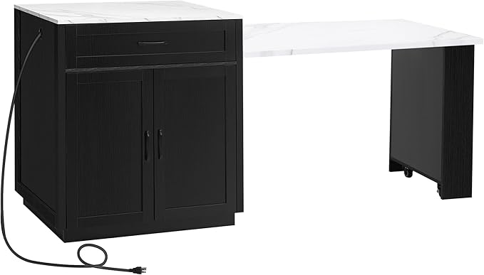 Ball & Cast 83" Kitchen Island with Extendable Dining Table,2-Tone Kitchen Table W/Double-Sized Storage,Power Outlet,Kitchen Islands W/ 2 Storage Drawers & 2 Side Open Shelves,for 4-6 Person,Black