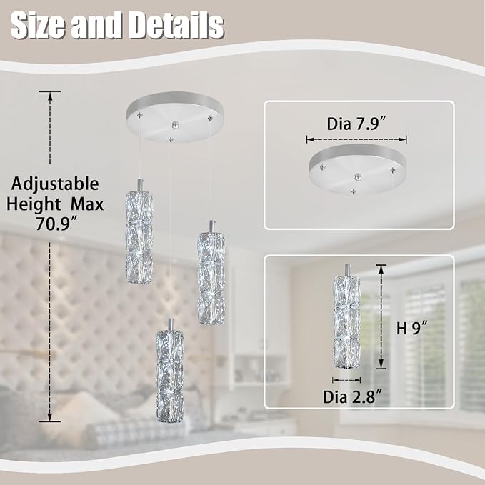 ykolupty Pendant Lights Kitchen Island 3-Lights Silver Crystal Chandelier for Dining Room Hallway Stairwell,LED Dimmable 2700K-6000K
