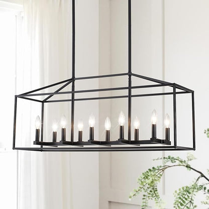 Dining Room Light Fixtures 10-Light Kitchen Island Light Modern Farmhouse Chandeliers Adjustable Height Rectangle Large Chandelier Modern Ceiling Light Black Pendant Light