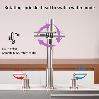Kitchen Sink Faucet for 3 Hole with Pull Down Sprayer - 8 inch Two Handle Widespread Kitchen faucets Set with Pull Out Sprayer for Sink- Stainless Steel Brushed Nickel 3 Piece Faucet for Kitchen Sink