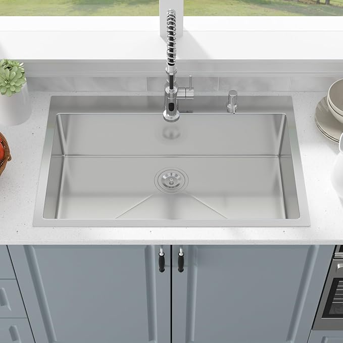 33 Inch Drop In Kitchen Sink - 33x22 Drop In Sink Stainless Steel 18 Gauge Single Bowl Topmount Handmade Sinks Kitchen Sinks Above the Counter, 9" Deep