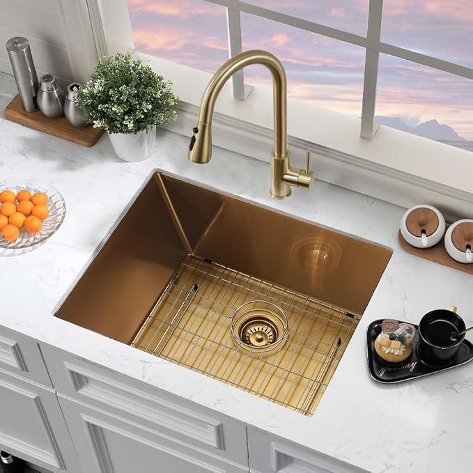 Gold Laundry Sink Undermount-Hovheir 24x19x12 Undermount Utility Sink 16 Gauge Brushed Gold Stainless Steel Single Bowl Deep Laundry Room Kitchen Sinks Outdoor Sinks with Bottom Grid