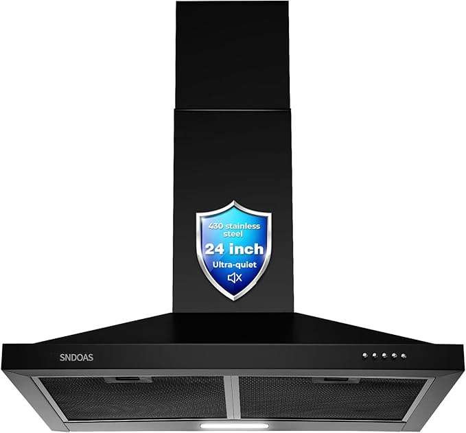 SNDOAS 24 inch Range Hood Black,Stainless Steel Chimney-Style Kitchen Hood, Ductless Stove Hood Vent with Energy Saving LED Light,Wall Mount Vent Hood, Push Button 3-Speed Exhaust Fan