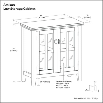 SIMPLIHOME Artisan Storage Cabinet - 30 inch Wide Solid Wood Low Storage Cabinet in Hickory Brown, Contemporary Accent Cabinet for Living Room or Dining Room with Glass Doors and Adjustable Shelves