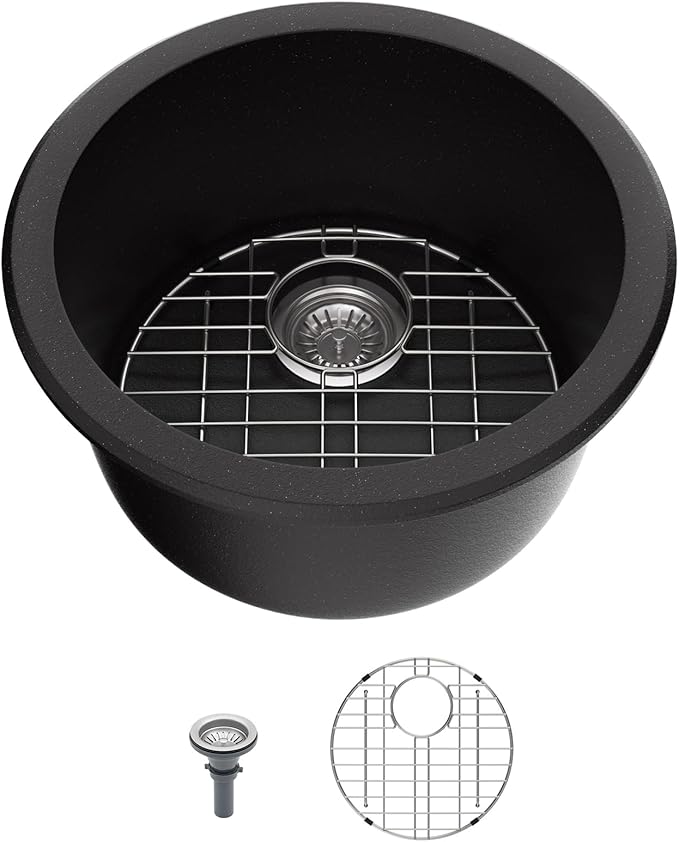 Mocoloo 18 Inch Round Bar Sink Undermount - Black Granite Composite Quartz Prep Sinks Small Kitchen Sink for Island or RV