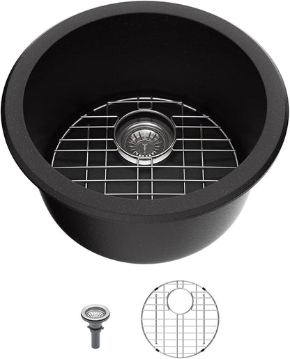 Mocoloo 18 Inch Round Bar Sink Undermount - Black Granite Composite Quartz Prep Sinks Small Kitchen Sink for Island or RV