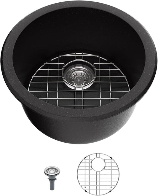Mocoloo 18 Inch Round Bar Sink Undermount - Black Granite Composite Quartz Prep Sinks Small Kitchen Sink for Island or RV