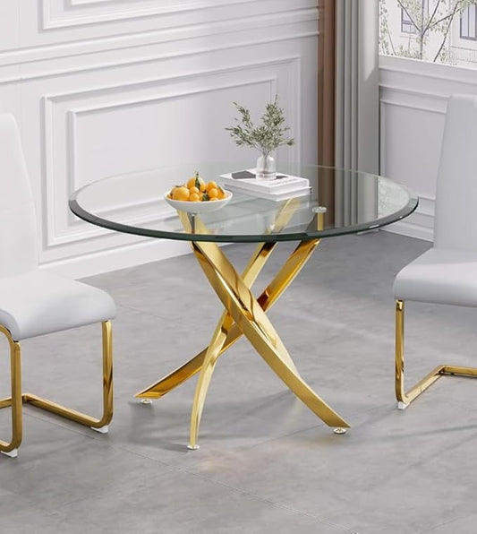 Pvillez 36“ Round Dining Table for 4, Contemporary Tempered Glass Dining Table, Small Dinner Table with Stainless Steel Base, Round Clear Kitchen Table Writing Desk for Dining Kitchen