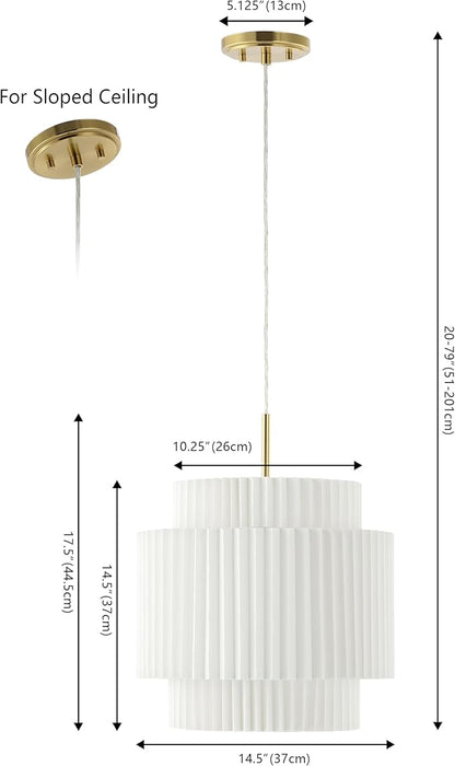 JONATHAN Y 14.5" Brass Gold and White 1-Light Iron Pendant Light, Vintage Mid-Century Modern with Pleated Linen Shade, Adjustable Height for Kitchen, LED Bulb Included JYL2408A