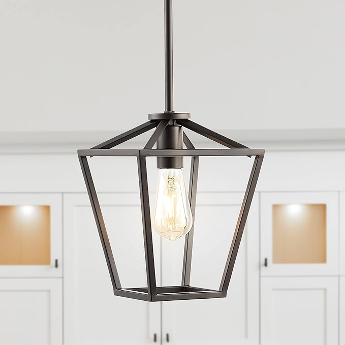 JONATHAN Y 7.88" Oil Rubbed Bronze 1-Light Industrial Farmhouse Iron LED Pendant Light, Adjustable Cage Lantern for Kitchen Island, Dining Room, Foyer, Iron Shade JYL7580A