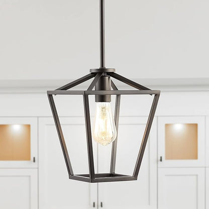 JONATHAN Y 7.88" Oil Rubbed Bronze 1-Light Industrial Farmhouse Iron LED Pendant Light, Adjustable Cage Lantern for Kitchen Island, Dining Room, Foyer, Iron Shade JYL7580A