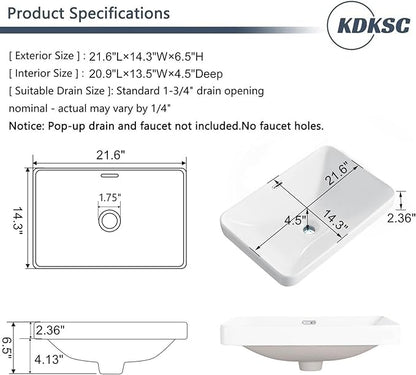 Bathroom Vessel Sink 21.6" X 14.3" Semi Recessed Bathroom Sink Rectangular Drop In Bathroom Sinks with Overflow White Ceramic Vessel Sinks for Bathroom Modern Above Counter Basin Vanity Sink