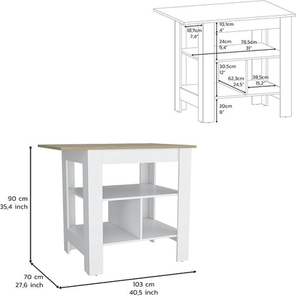 Kitchen Island, Kitchen Table 35" H, 3 Open Shelves, White/Macadamia