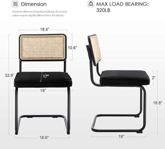 Zesthouse Rattan Dining Chairs Set of 6, Mid Century Modern Dining Room Chairs with Natural Cane Mesh & Black Base, Black Cesca Chair Velvet Fabric, Farmhouse Kitchen Chair with Solid Wood Frame Back