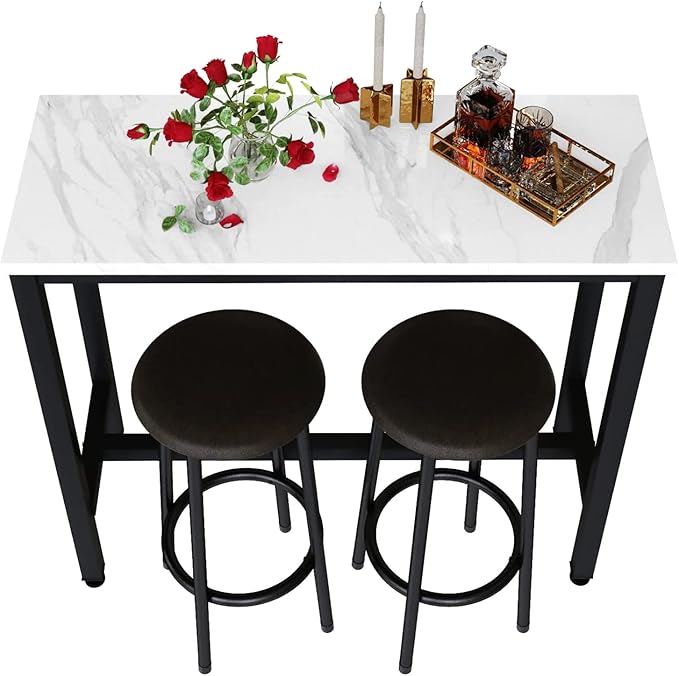 Recaceik Dining Table Set, 39.4” Rectangle Pub Dining Set Kitchen Table Set Bar Table with Stools, 3-Piece Breakfast Table Set with Metal Frame for Kitchen Dining Room w/ 2 Chairs - White*