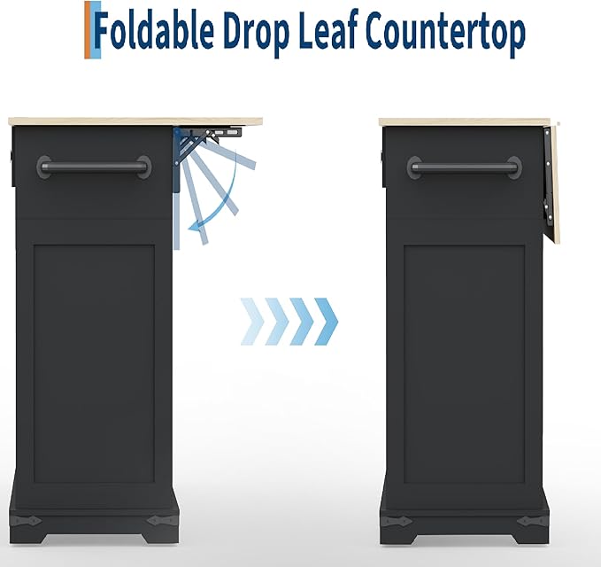 Large Rolling Kitchen Island with Power Outlet, Mobile Kitchen Cart on Wheels with Drop Leaf, 3 Drawers, Trash Can Storage, Spice Rack, Towel Holder, Kitchen Island Table for Dining Room, Home, Black
