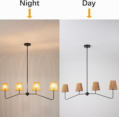 45" W Rattan Farmhouse Kitchen Island Lighting,Industrial Linear Chandelier, 4-Light Pendant Lighting for Kitchen Island Dining Room
