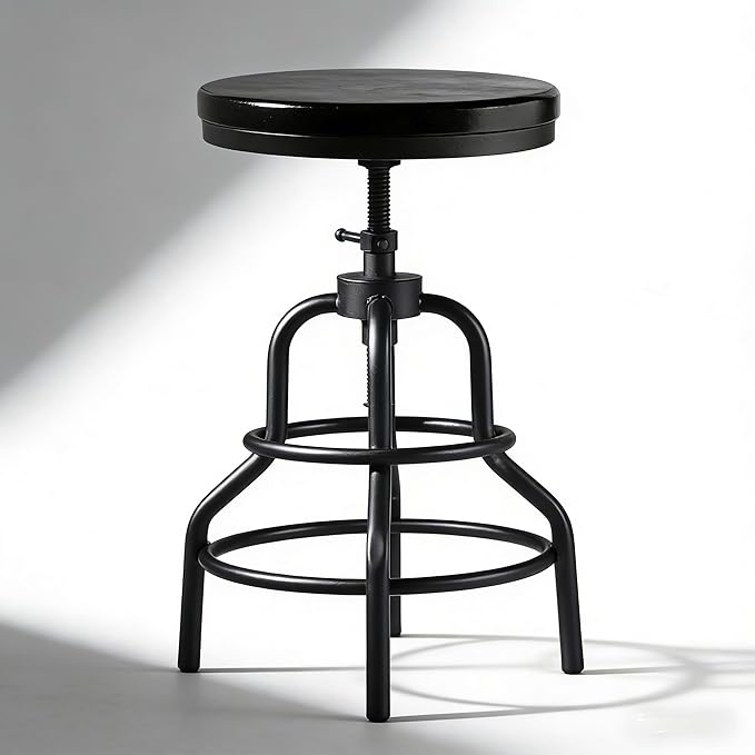 LOKKHAN Vintage Industrial Bar Stool - Rustic Swivel - Round Wood Metal - Kitchen Counter Height Adjustable - Pipe Stool - Cast Steel - 20-27 Inch (Set of 2)
