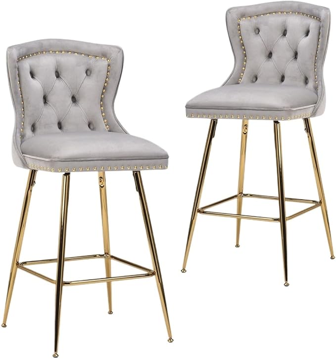 Luxurious Velvet Counter Height Bar Stools Set of 2 with Metal Legs, Button Tufted, Nailheads Trim, Wing-Back Bar Chairs for Kitchen Island Dining Room Pub(Gray)