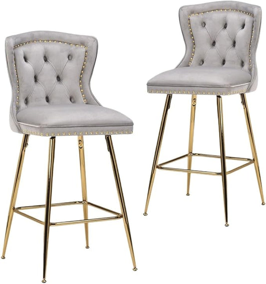 Luxurious Velvet Counter Height Bar Stools Set of 2 with Metal Legs, Button Tufted, Nailheads Trim, Wing-Back Bar Chairs for Kitchen Island Dining Room Pub(Gray)