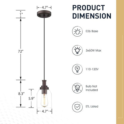zeyu 2 Pack Farmhouse Pendant Light Fixtures, Industrial Hanging Light for Kitchen Island, Clear Glass Shade, Oil Rubbed Bronze Finish, ZG33M1L-2 ORB