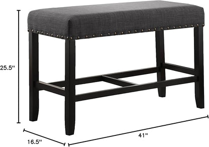 Grey Fabric Counter Height Dining Bench with Nailhead Trim, Ideal for Kitchen Islands and Dining Areas, Sturdy Construction and Easy Assembly Included