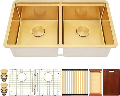 Double Bowl Kitchen Sink 30" X 18",Gold Kitchen Sink Undermount,16 Gauge Stainless Steel Double Bowl Sinks with Workstation