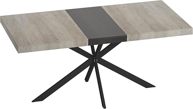 55.11"-70.86" Dining Table for 6-8 People, Retro Rectangular Stretch Table, Kitchen Table with Wood Top, Black Relief Plate Iron Foot Base and Storage Box(Grey)