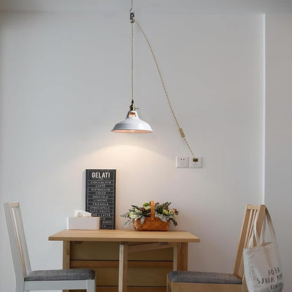 YUBOLE Industrial Swag Hanging Light with Switch Adjustable Height Pendant Lighting with White Metal Barn Shade for Kitchen Foyer Dining