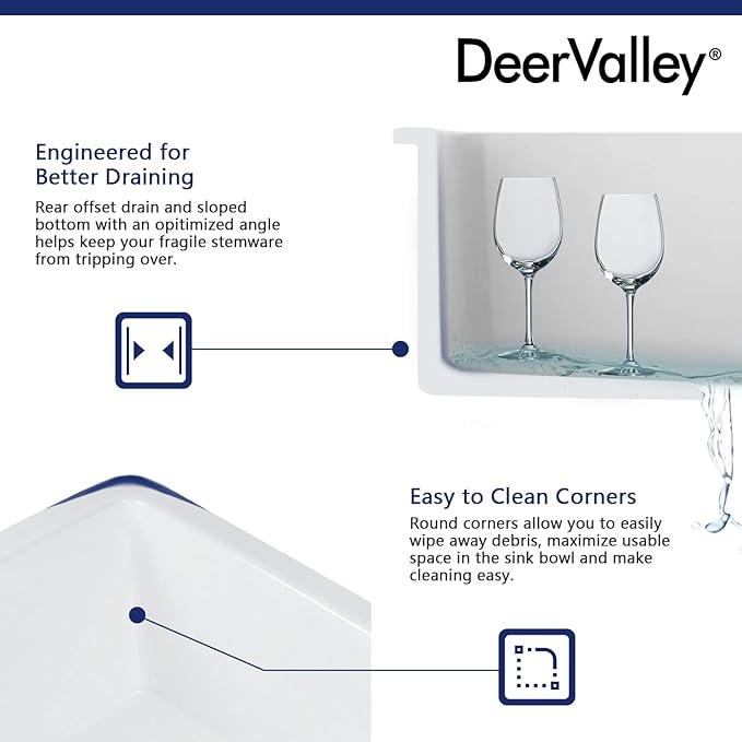 DeerValley Undermount Kitchen Sink 18" L x 18" W Fireclay Single Bowl Kitchen Sink Square Bar Sink with Sink Grid and Basket Strainer