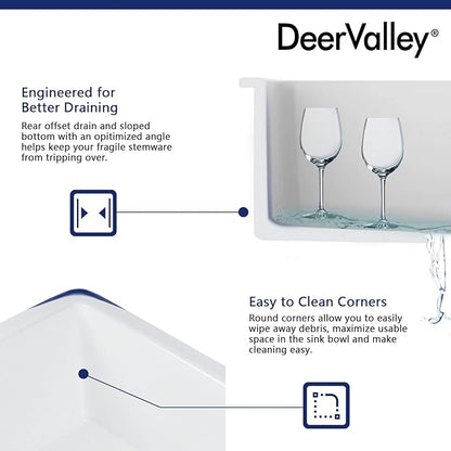DeerValley Undermount Kitchen Sink 18" L x 18" W Fireclay Single Bowl Kitchen Sink Square Bar Sink with Sink Grid and Basket Strainer