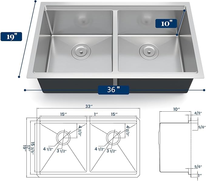 GarveeTech Undermount Kitchen Sink 36 x 19 x 10 Inch, Double Bowl Stainless Steel Sink with Integrated Ledge, Brushed Finish, Includes Bottom Grids & Drain Assemblies