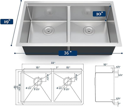 GarveeTech Undermount Kitchen Sink 36 x 19 x 10 Inch, Double Bowl Stainless Steel Sink with Integrated Ledge, Brushed Finish, Includes Bottom Grids & Drain Assemblies